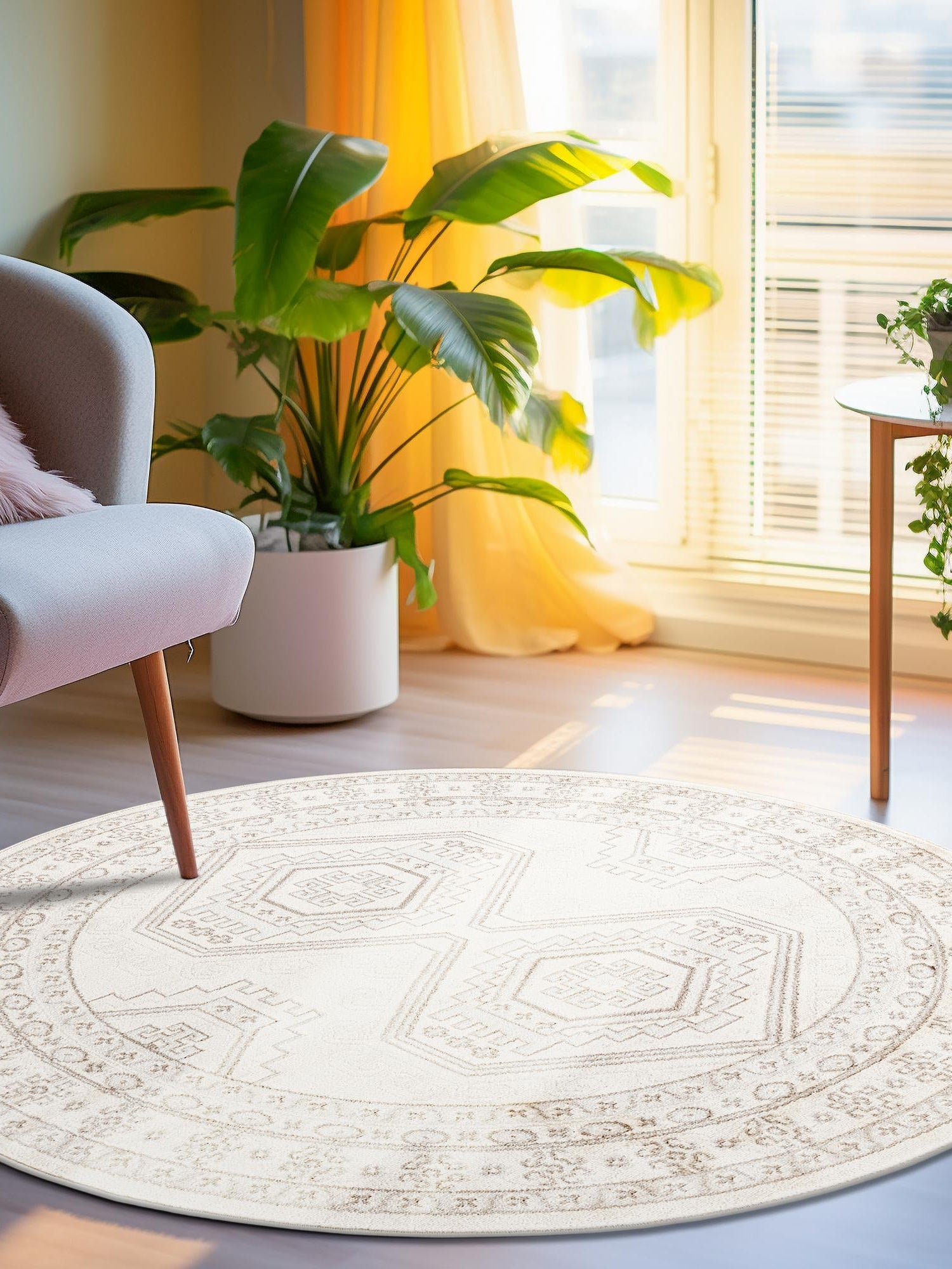 Ivory 5' 3 x 5' 3 Charlotte Round Area Rug 100% Polypropylene With Jute Backing Traditional Classical Durable Carpet for Living Dining Office Rooms for Sale at Rug Engine