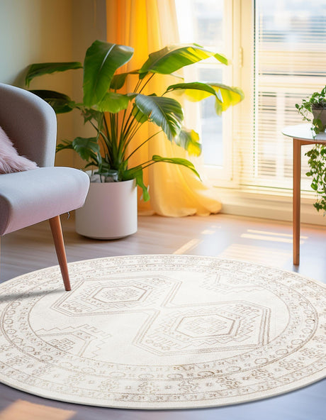 Ivory 3' 1 x 3' 1 Charlotte Round Area Rug 100% Polypropylene With Jute Backing Traditional Classical Durable Carpet for Living Dining Office Rooms for Sale at Rug Engine