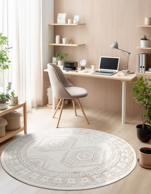 Ivory 7' 10 x 7' 10 Charlotte Round Area Rug 100% Polypropylene With Jute Backing Traditional Classical Durable Carpet for Living Dining Office Rooms for Sale at Rug Engine