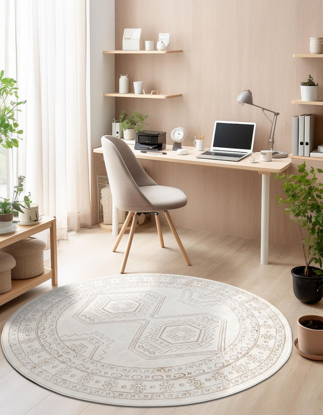 Ivory 3' 1 x 3' 1 Charlotte Round Area Rug 100% Polypropylene With Jute Backing Traditional Classical Durable Carpet for Living Dining Office Rooms for Sale at Rug Engine