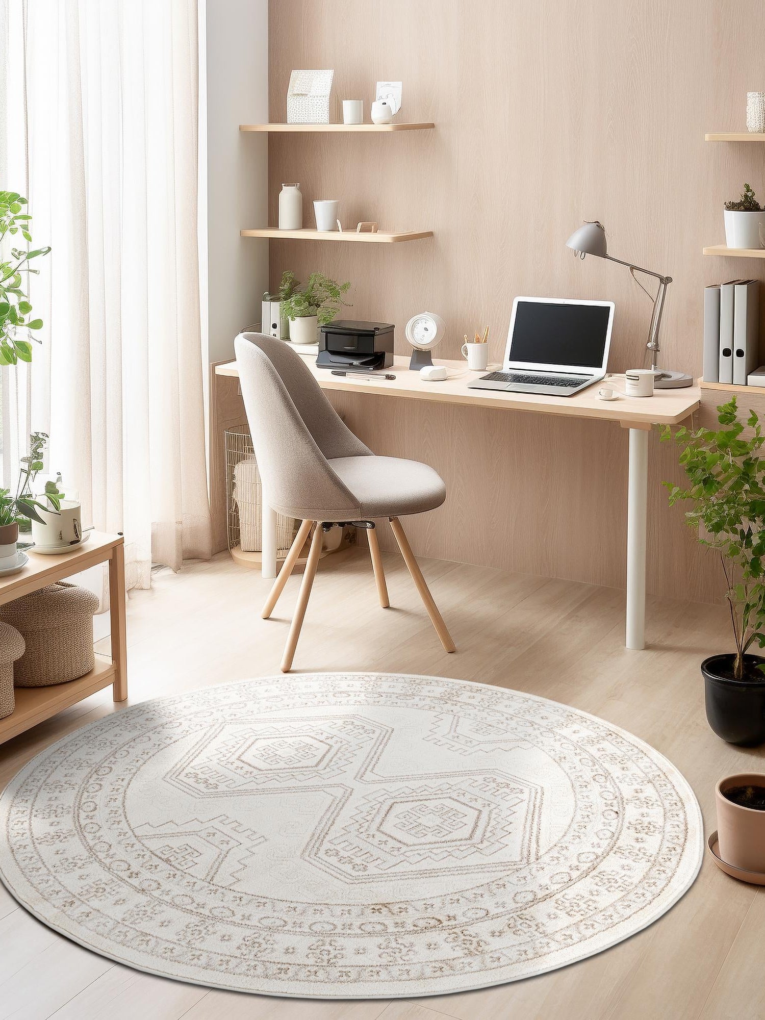 Ivory 5' 3 x 5' 3 Charlotte Round Area Rug 100% Polypropylene With Jute Backing Traditional Classical Durable Carpet for Living Dining Office Rooms for Sale at Rug Engine