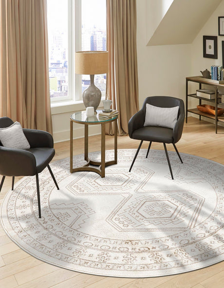 Ivory 7' 10 x 7' 10 Charlotte Round Area Rug 100% Polypropylene With Jute Backing Traditional Classical Durable Carpet for Living Dining Office Rooms for Sale at Rug Engine