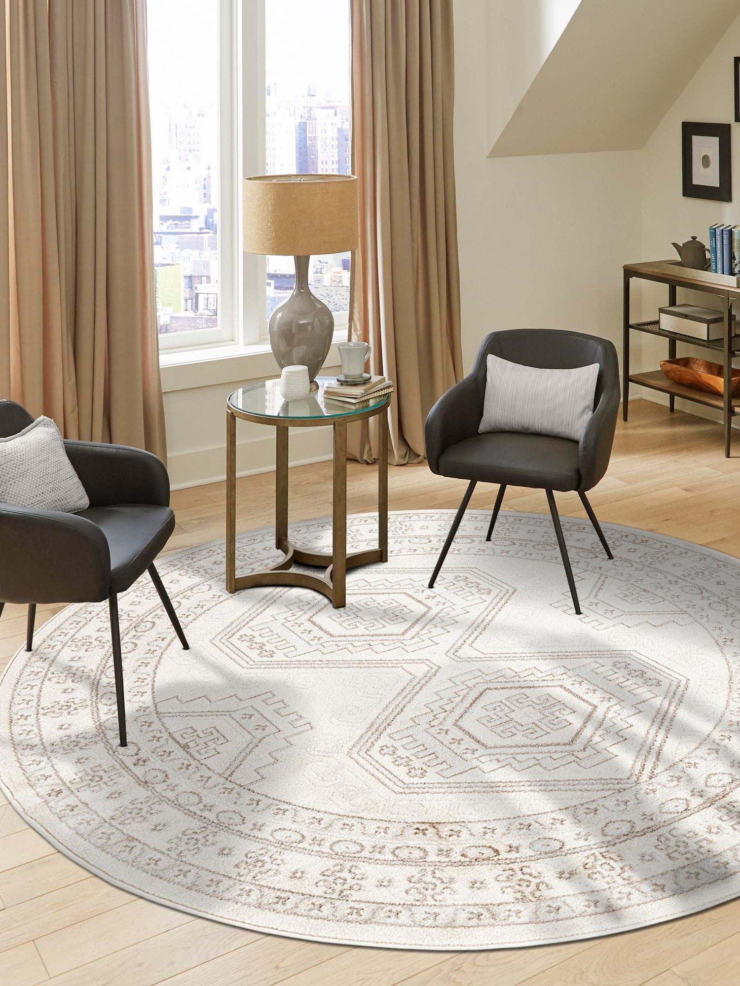 Ivory 5' 3 x 5' 3 Charlotte Round Area Rug 100% Polypropylene With Jute Backing Traditional Classical Durable Carpet for Living Dining Office Rooms for Sale at Rug Engine