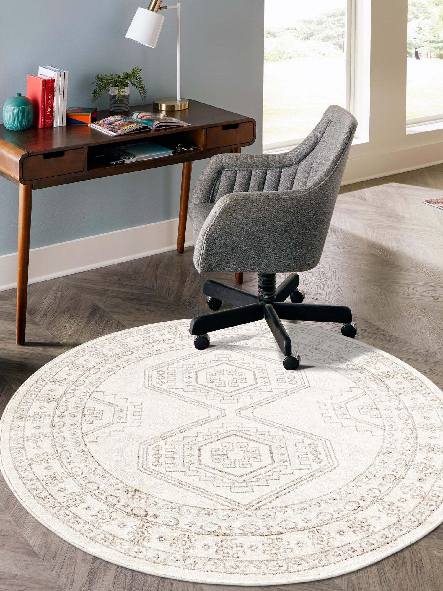 Ivory 5' 3 x 5' 3 Charlotte Round Area Rug 100% Polypropylene With Jute Backing Traditional Classical Durable Carpet for Living Dining Office Rooms for Sale at Rug Engine