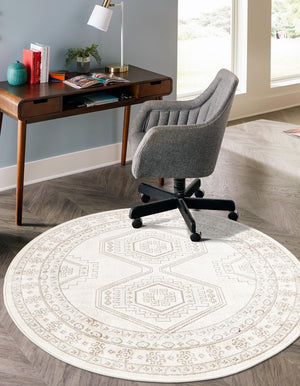 Ivory 5' 3 x 5' 3 Charlotte Round Area Rug 100% Polypropylene With Jute Backing Traditional Classical Durable Carpet for Living Dining Office Rooms for Sale at Rug Engine