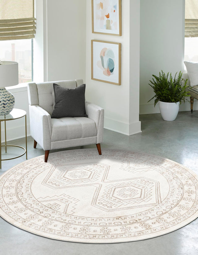 Ivory 7' 10 x 7' 10 Charlotte Round Area Rug 100% Polypropylene With Jute Backing Traditional Classical Durable Carpet for Living Dining Office Rooms for Sale at Rug Engine