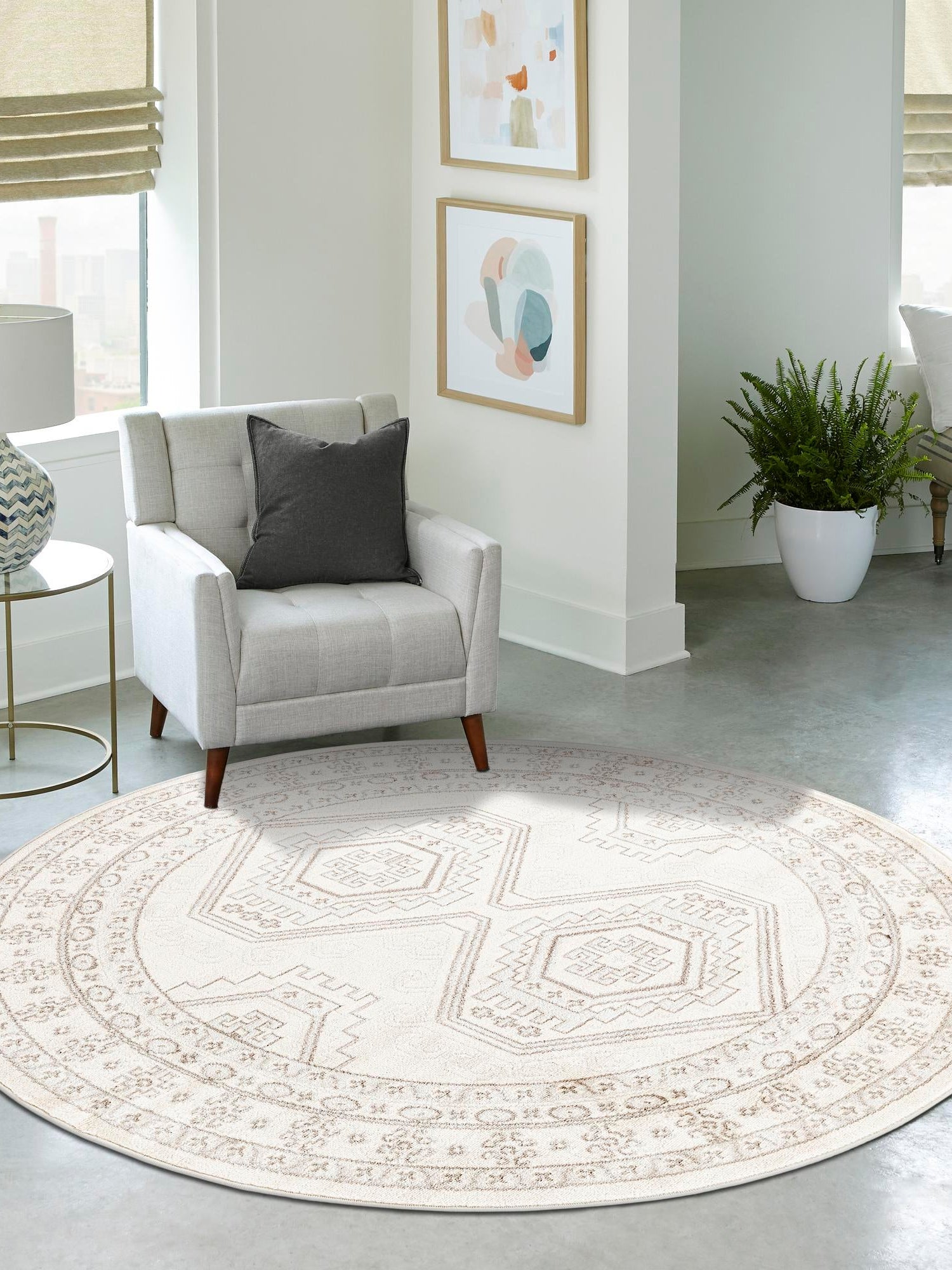 Ivory 3' 1 x 3' 1 Charlotte Round Area Rug 100% Polypropylene With Jute Backing Traditional Classical Durable Carpet for Living Dining Office Rooms for Sale at Rug Engine