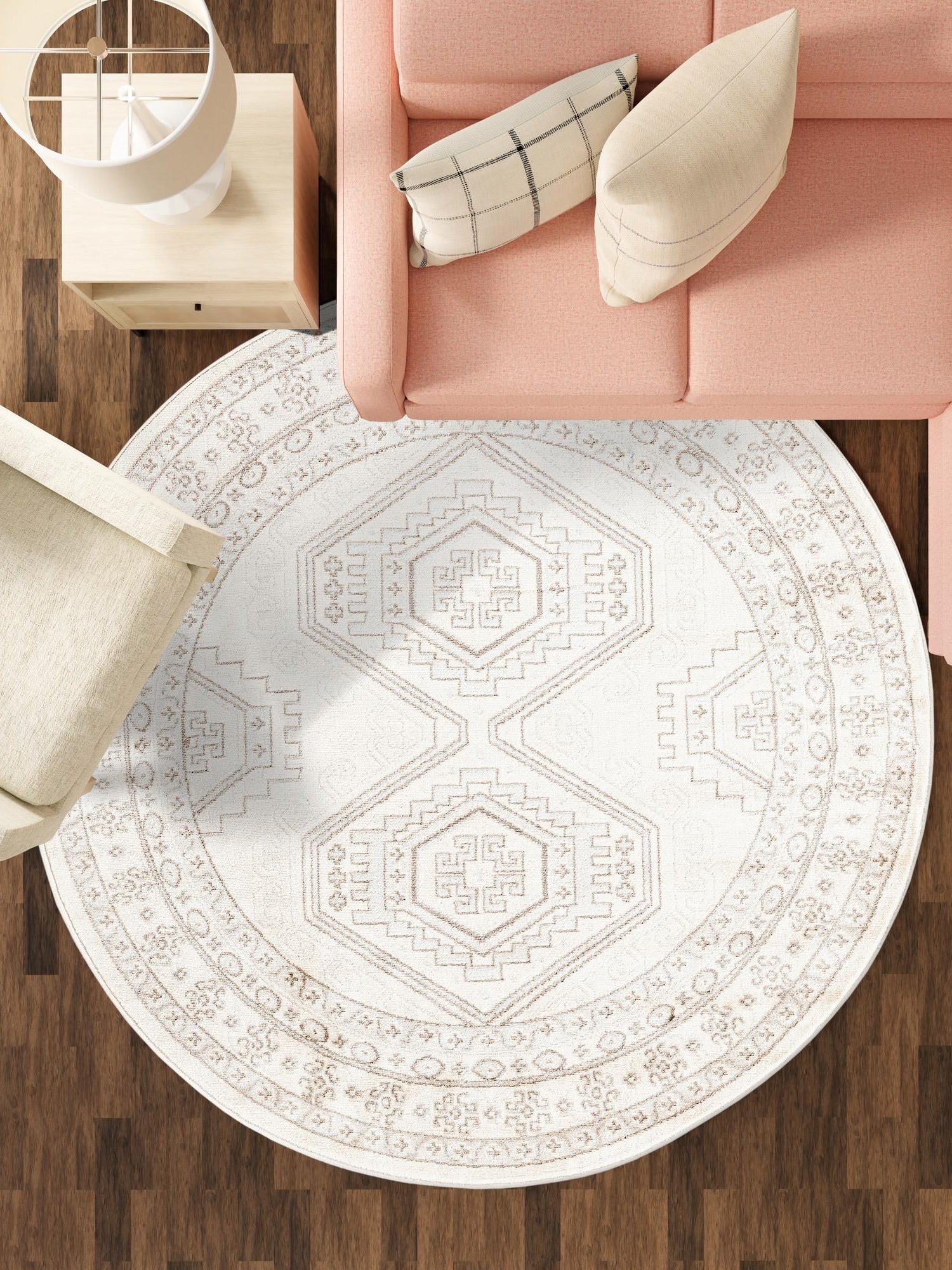 Ivory 5' 3 x 5' 3 Charlotte Round Area Rug 100% Polypropylene With Jute Backing Traditional Classical Durable Carpet for Living Dining Office Rooms for Sale at Rug Engine