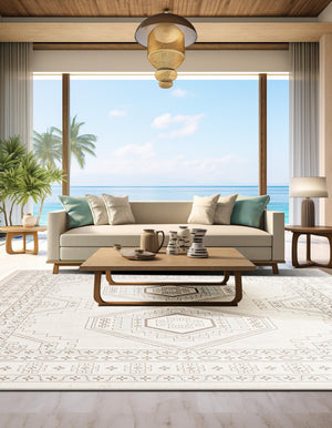 Ivory 5' 3 x 5' 3 Charlotte Square Area Rug 100% Polypropylene With Jute Backing Traditional Classical Durable Carpet for Living Dining Office Rooms for Sale at Rug Engine