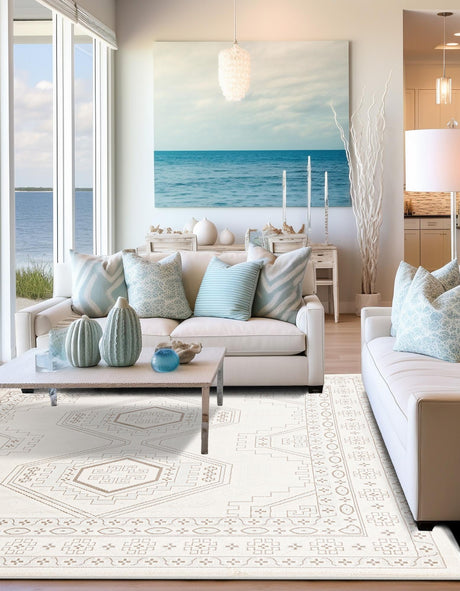 Ivory 5' 3 x 5' 3 Charlotte Square Area Rug 100% Polypropylene With Jute Backing Traditional Classical Durable Carpet for Living Dining Office Rooms for Sale at Rug Engine