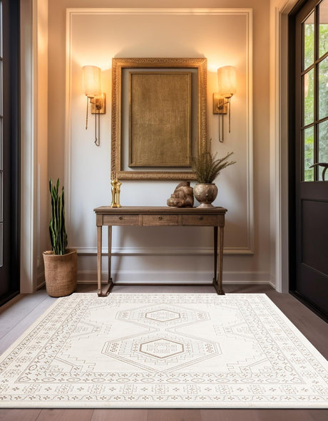 Ivory 5' 3 x 5' 3 Charlotte Square Area Rug 100% Polypropylene With Jute Backing Traditional Classical Durable Carpet for Living Dining Office Rooms for Sale at Rug Engine