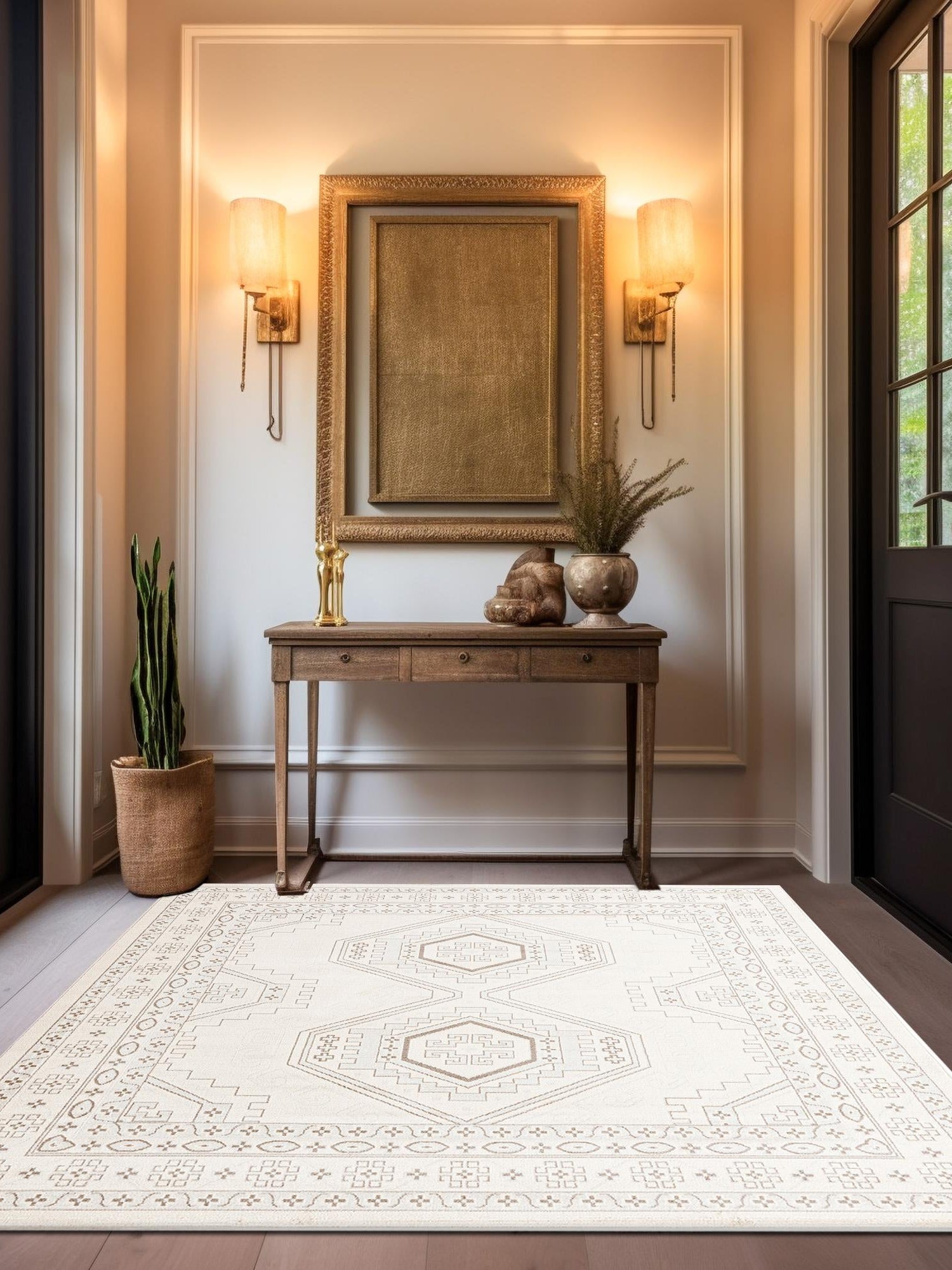 Ivory 4' 1 x 4' 1 Charlotte Square Area Rug 100% Polypropylene With Jute Backing Traditional Classical Durable Carpet for Living Dining Office Rooms for Sale at Rug Engine