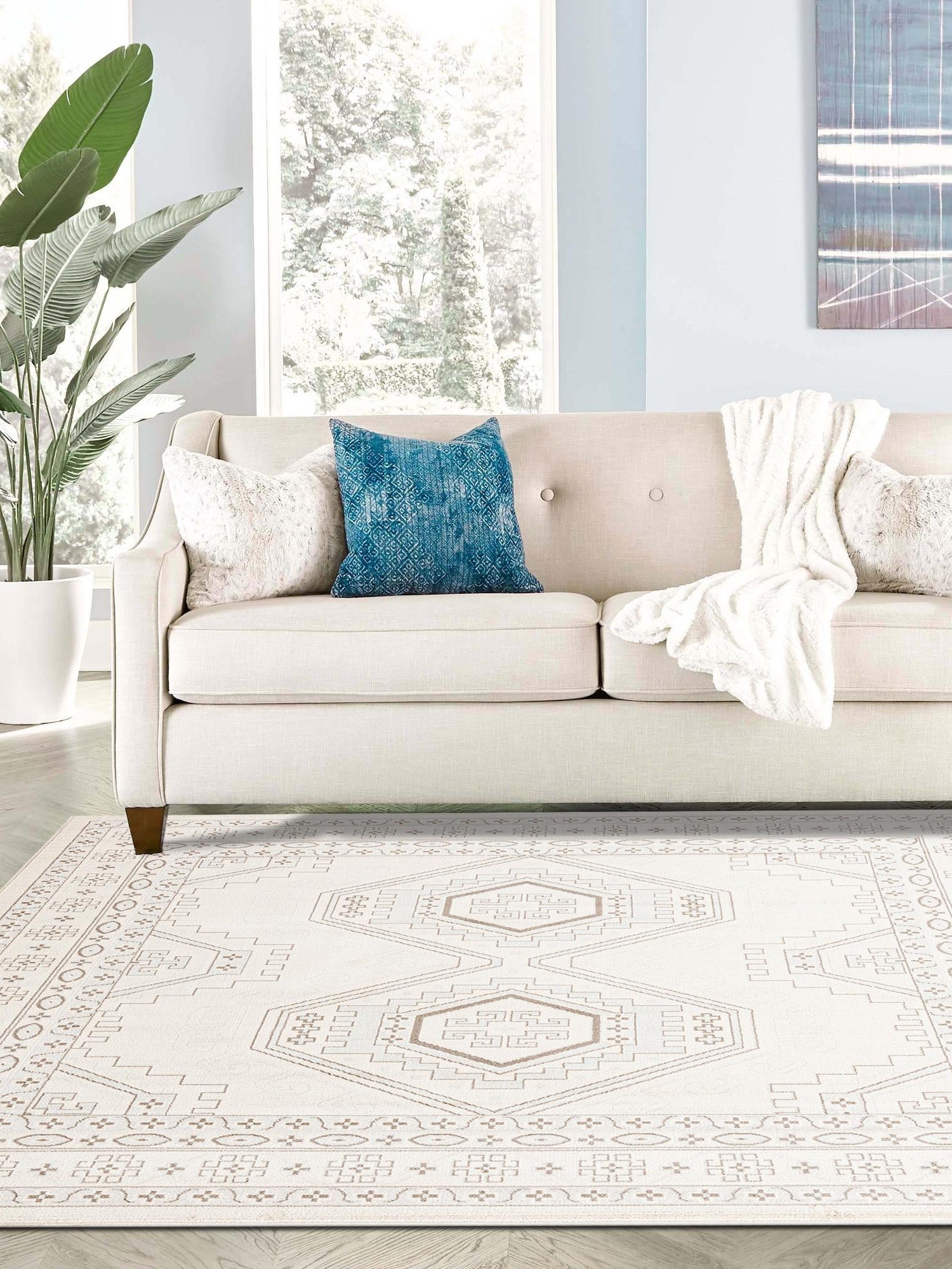 Ivory 5' 3 x 5' 3 Charlotte Square Area Rug 100% Polypropylene With Jute Backing Traditional Classical Durable Carpet for Living Dining Office Rooms for Sale at Rug Engine