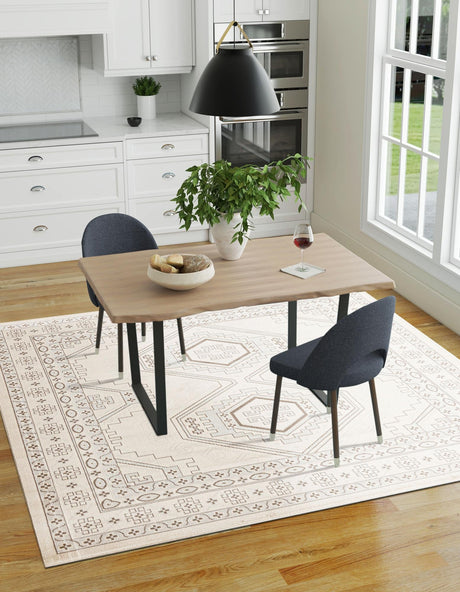 Ivory 5' 3 x 5' 3 Charlotte Square Area Rug 100% Polypropylene With Jute Backing Traditional Classical Durable Carpet for Living Dining Office Rooms for Sale at Rug Engine