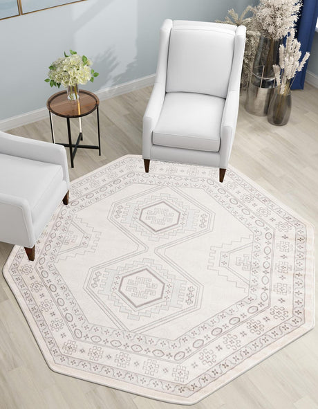 Ivory 5' 3 x 5' 3 Charlotte Octagon Area Rug 100% Polypropylene With Jute Backing Traditional Classical Durable Carpet for Living Dining Office Rooms for Sale at Rug Engine