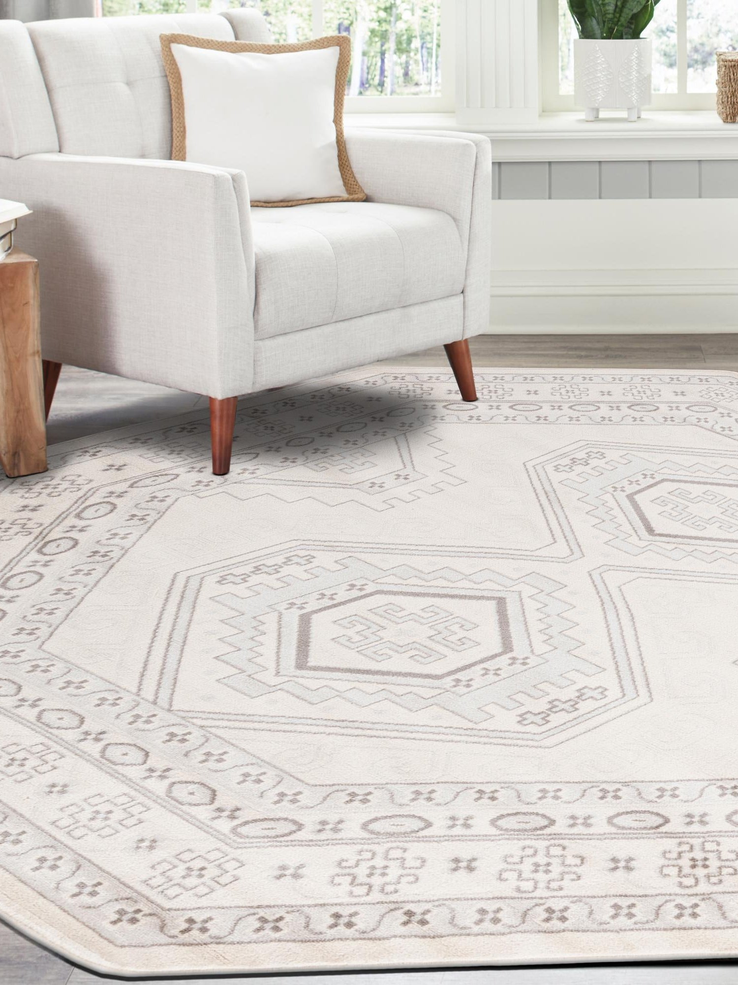 Ivory 5' 3 x 5' 3 Charlotte Octagon Area Rug 100% Polypropylene With Jute Backing Traditional Classical Durable Carpet for Living Dining Office Rooms for Sale at Rug Engine