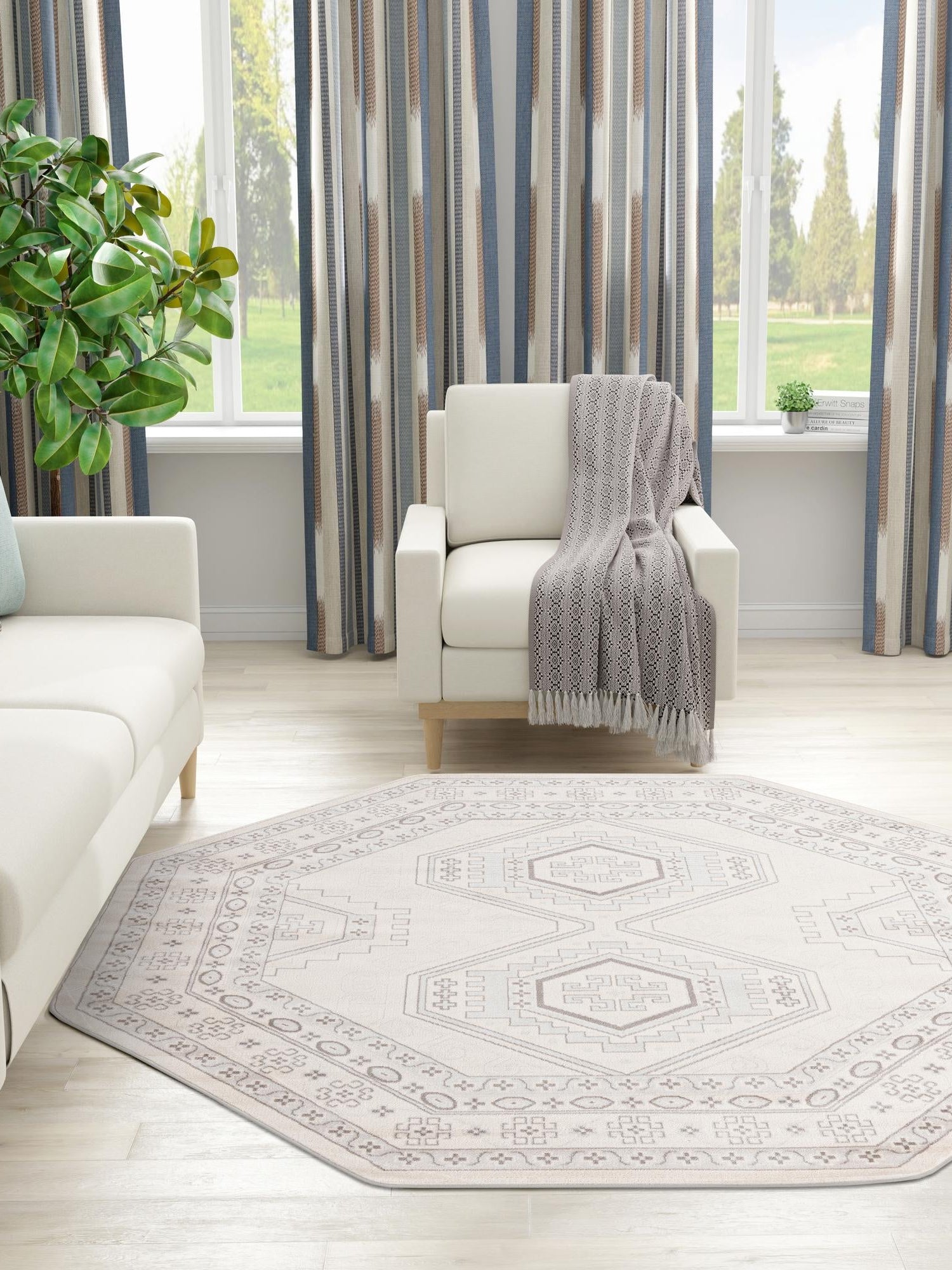 Ivory 5' 3 x 5' 3 Charlotte Octagon Area Rug 100% Polypropylene With Jute Backing Traditional Classical Durable Carpet for Living Dining Office Rooms for Sale at Rug Engine