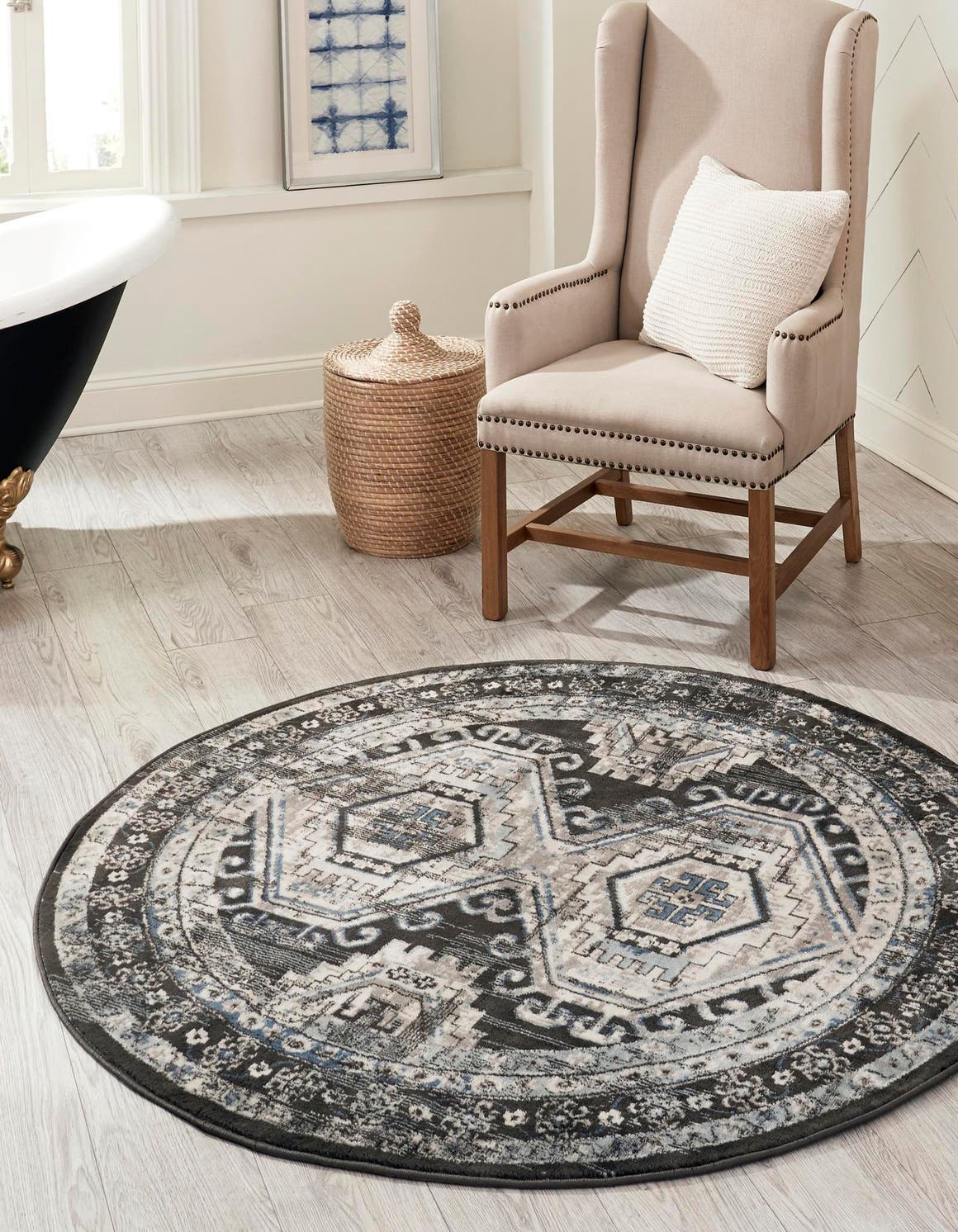 Gray 5' 3 x 5' 3 Charlotte Round Area Rug 100% Polypropylene With Jute Backing Traditional Classical Durable Carpet for Living Dining Office Rooms for Sale at Rug Engine