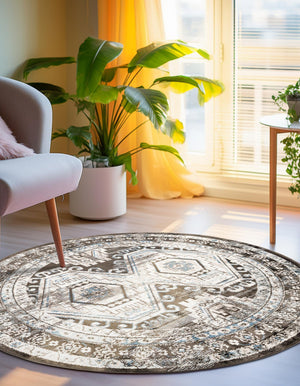 Gray 5' 3 x 5' 3 Charlotte Round Area Rug 100% Polypropylene With Jute Backing Traditional Classical Durable Carpet for Living Dining Office Rooms for Sale at Rug Engine