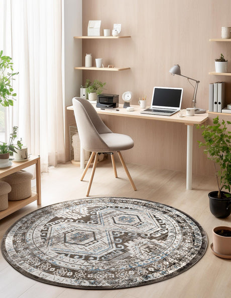Gray 7' 10 x 7' 10 Charlotte Round Area Rug 100% Polypropylene With Jute Backing Traditional Classical Durable Carpet for Living Dining Office Rooms for Sale at Rug Engine