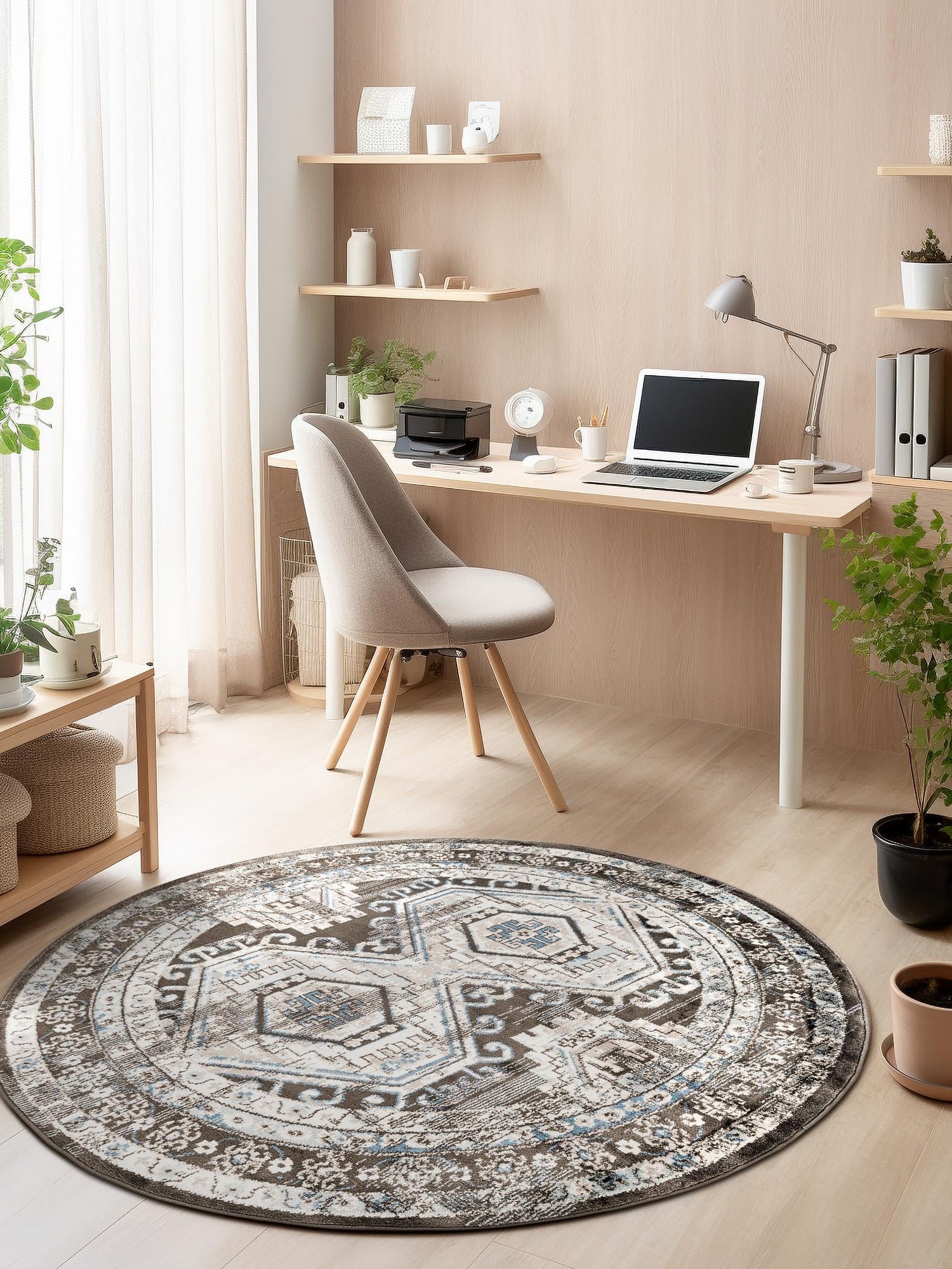 Gray 3' 1 x 3' 1 Charlotte Round Area Rug 100% Polypropylene With Jute Backing Traditional Classical Durable Carpet for Living Dining Office Rooms for Sale at Rug Engine