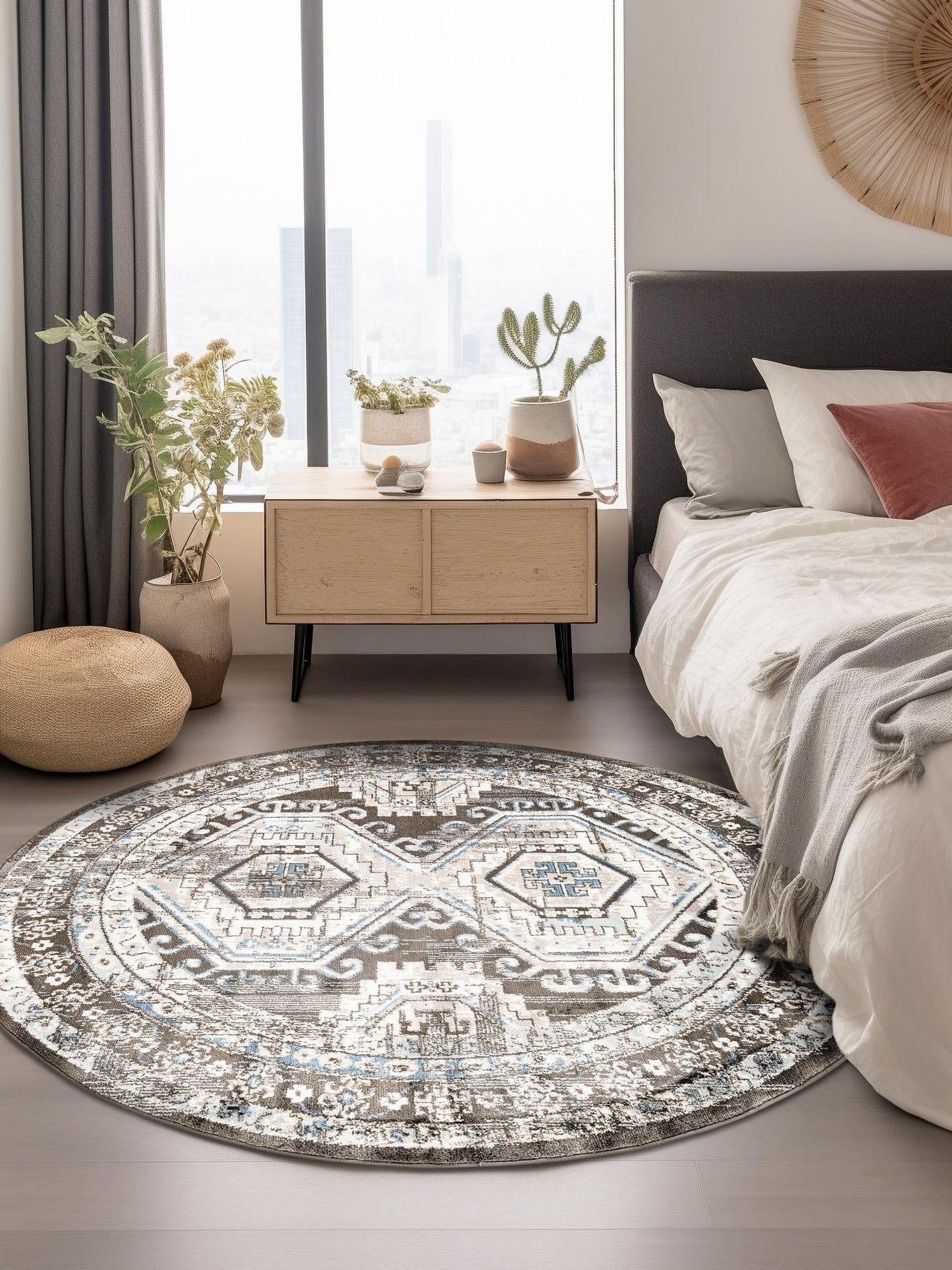Gray 3' 1 x 3' 1 Charlotte Round Area Rug 100% Polypropylene With Jute Backing Traditional Classical Durable Carpet for Living Dining Office Rooms for Sale at Rug Engine