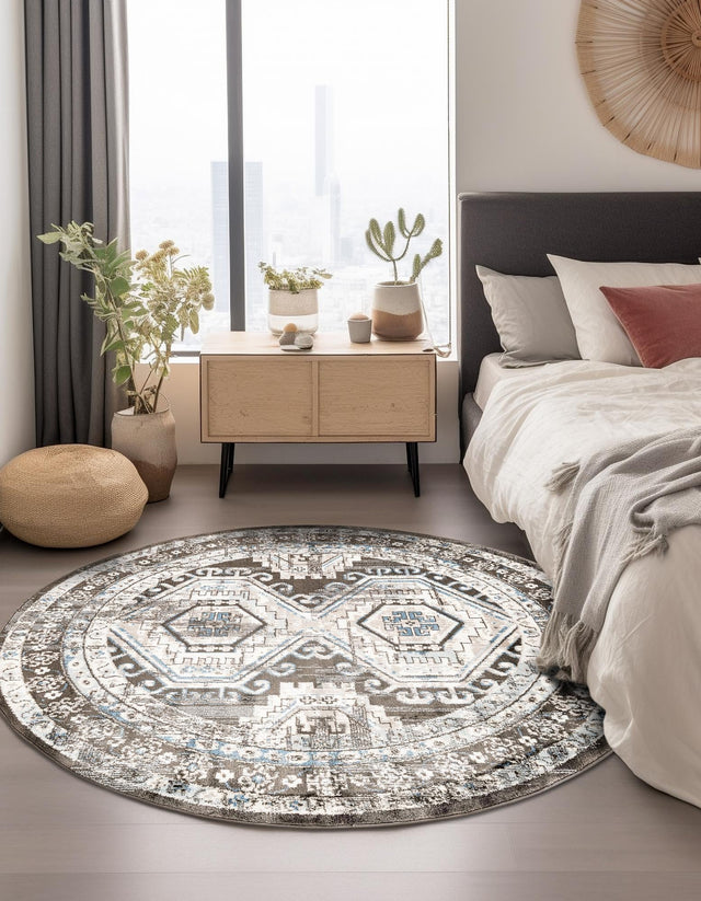 Gray 7' 10 x 7' 10 Charlotte Round Area Rug 100% Polypropylene With Jute Backing Traditional Classical Durable Carpet for Living Dining Office Rooms for Sale at Rug Engine