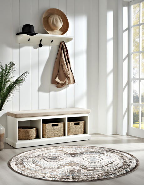 Gray 3' 1 x 3' 1 Charlotte Round Area Rug 100% Polypropylene With Jute Backing Traditional Classical Durable Carpet for Living Dining Office Rooms for Sale at Rug Engine