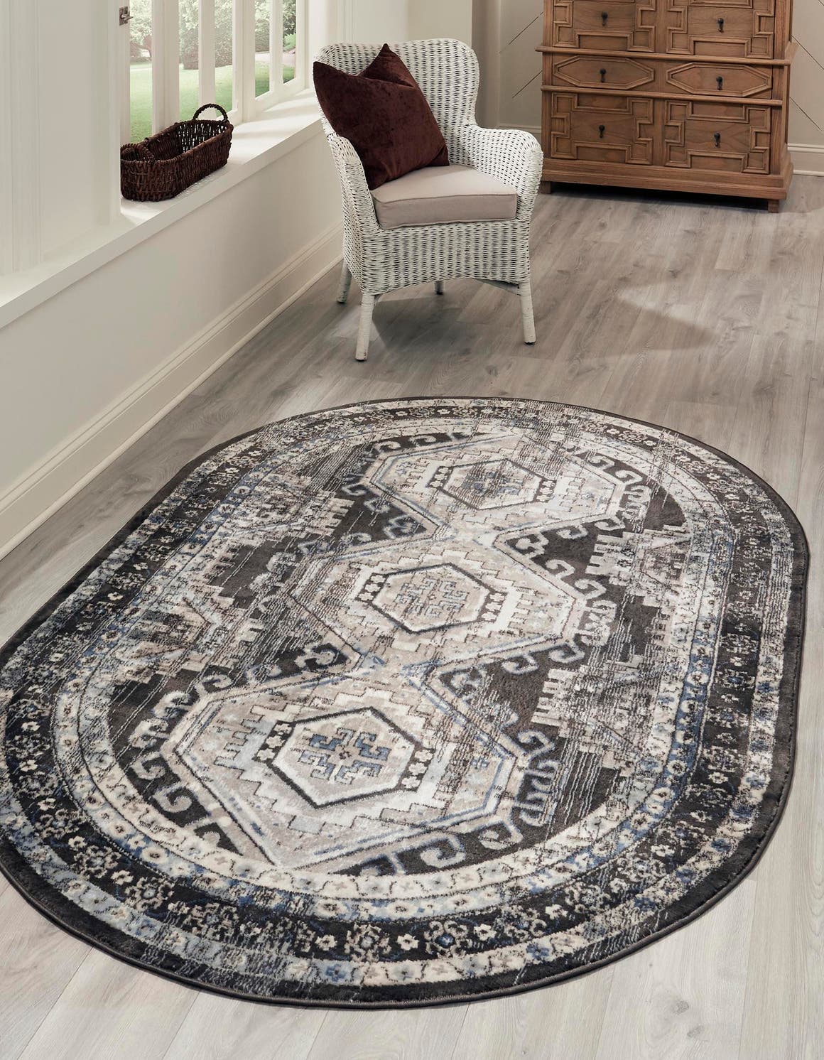 Gray 5' 3 x 8' Charlotte Oval Area Rug 100% Polypropylene With Jute Backing Traditional Classical Durable Carpet for Living Dining Office Rooms for Sale at Rug Engine