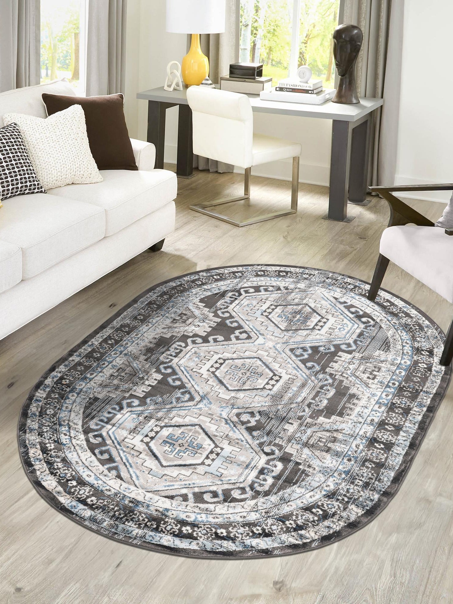 Gray 4' 1 x 6' 1 Charlotte Oval Area Rug 100% Polypropylene With Jute Backing Traditional Classical Durable Carpet for Living Dining Office Rooms for Sale at Rug Engine