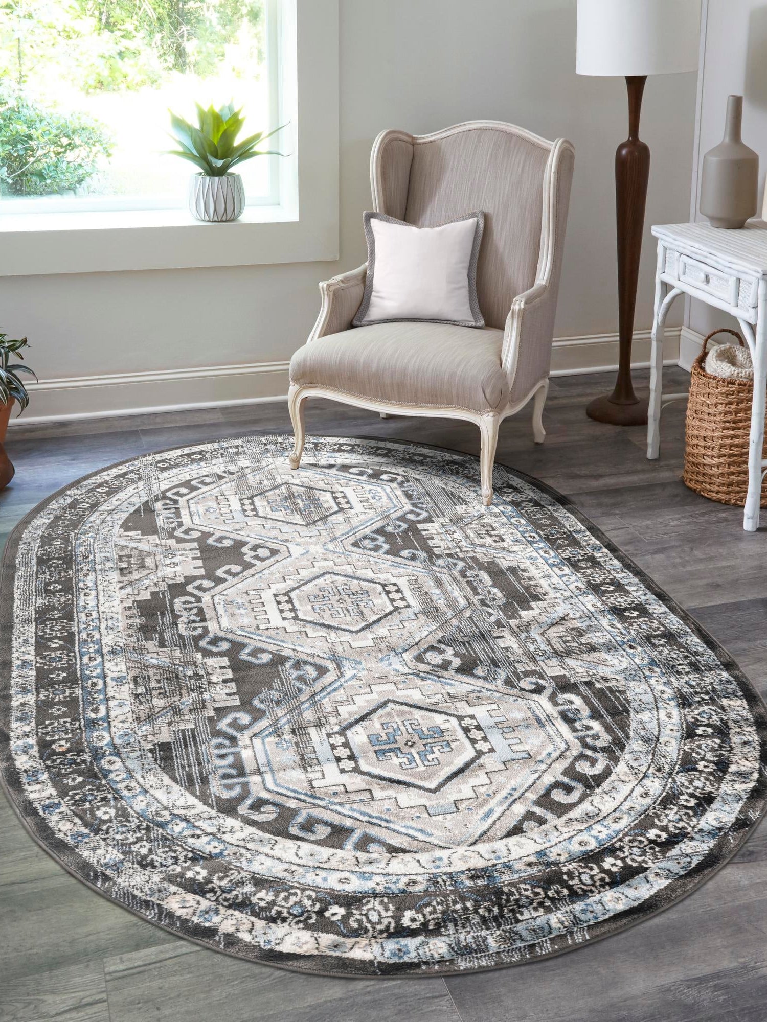 Gray 5' 3 x 8' Charlotte Oval Area Rug 100% Polypropylene With Jute Backing Traditional Classical Durable Carpet for Living Dining Office Rooms for Sale at Rug Engine