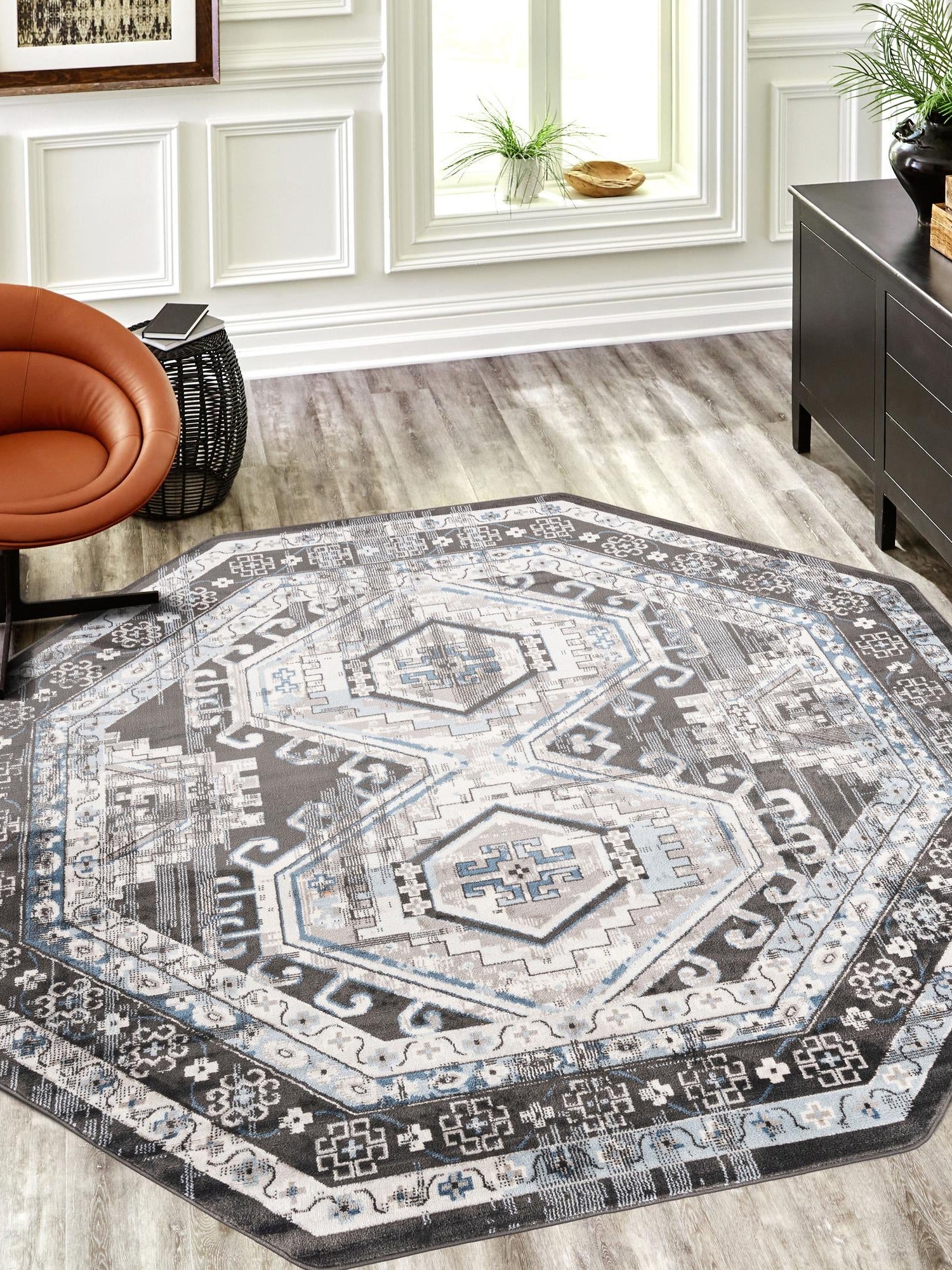 Gray 7' 10 x 7' 10 Charlotte Octagon Area Rug 100% Polypropylene With Jute Backing Traditional Classical Durable Carpet for Living Dining Office Rooms for Sale at Rug Engine