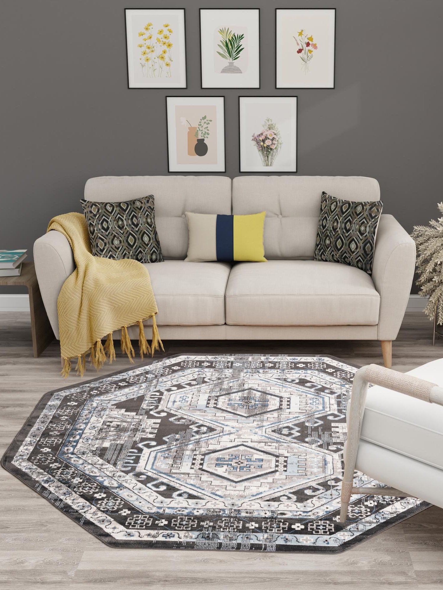 Gray 7' 10 x 7' 10 Charlotte Octagon Area Rug 100% Polypropylene With Jute Backing Traditional Classical Durable Carpet for Living Dining Office Rooms for Sale at Rug Engine