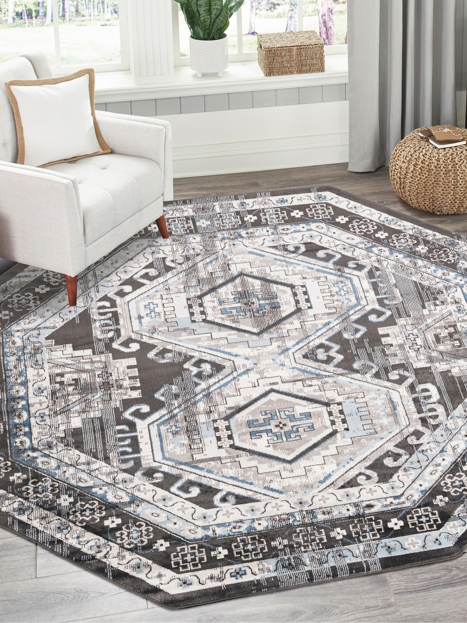 Gray 7' 10 x 7' 10 Charlotte Octagon Area Rug 100% Polypropylene With Jute Backing Traditional Classical Durable Carpet for Living Dining Office Rooms for Sale at Rug Engine