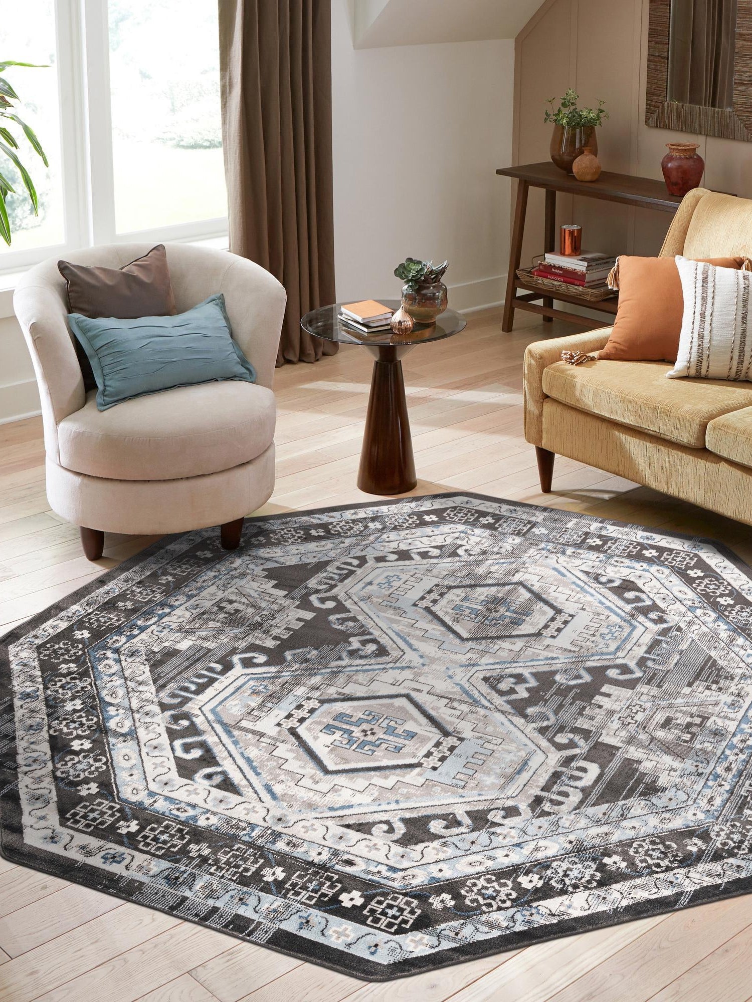 Gray 7' 10 x 7' 10 Charlotte Octagon Area Rug 100% Polypropylene With Jute Backing Traditional Classical Durable Carpet for Living Dining Office Rooms for Sale at Rug Engine