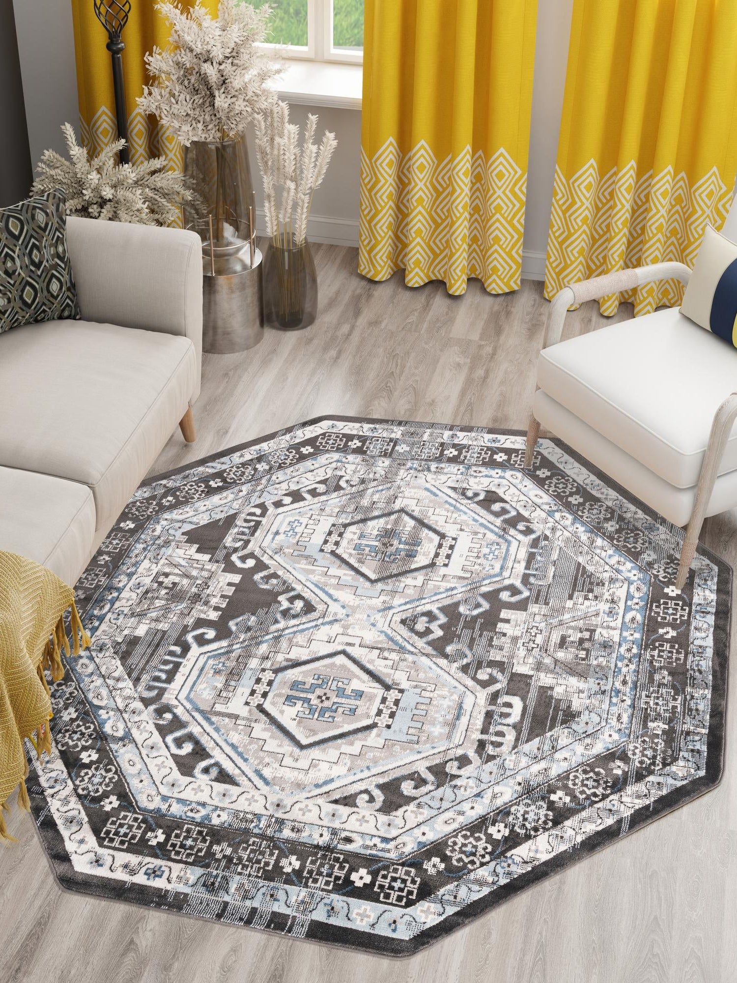 Gray 7' 10 x 7' 10 Charlotte Octagon Area Rug 100% Polypropylene With Jute Backing Traditional Classical Durable Carpet for Living Dining Office Rooms for Sale at Rug Engine