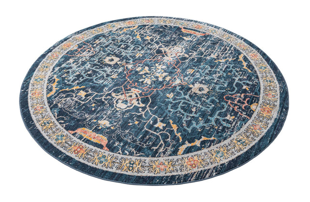 Navy Blue 7' x 7' Lola Round Area Rug Polypropylene With Jute Backing Traditional Pattern Easy Clean Carpet for Home Interior Design for Sale at Rug Engine