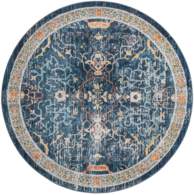 Navy Blue 7' x 7' Lola Round Area Rug Polypropylene With Jute Backing Traditional Pattern Easy Clean Carpet for Home Interior Design for Sale at Rug Engine