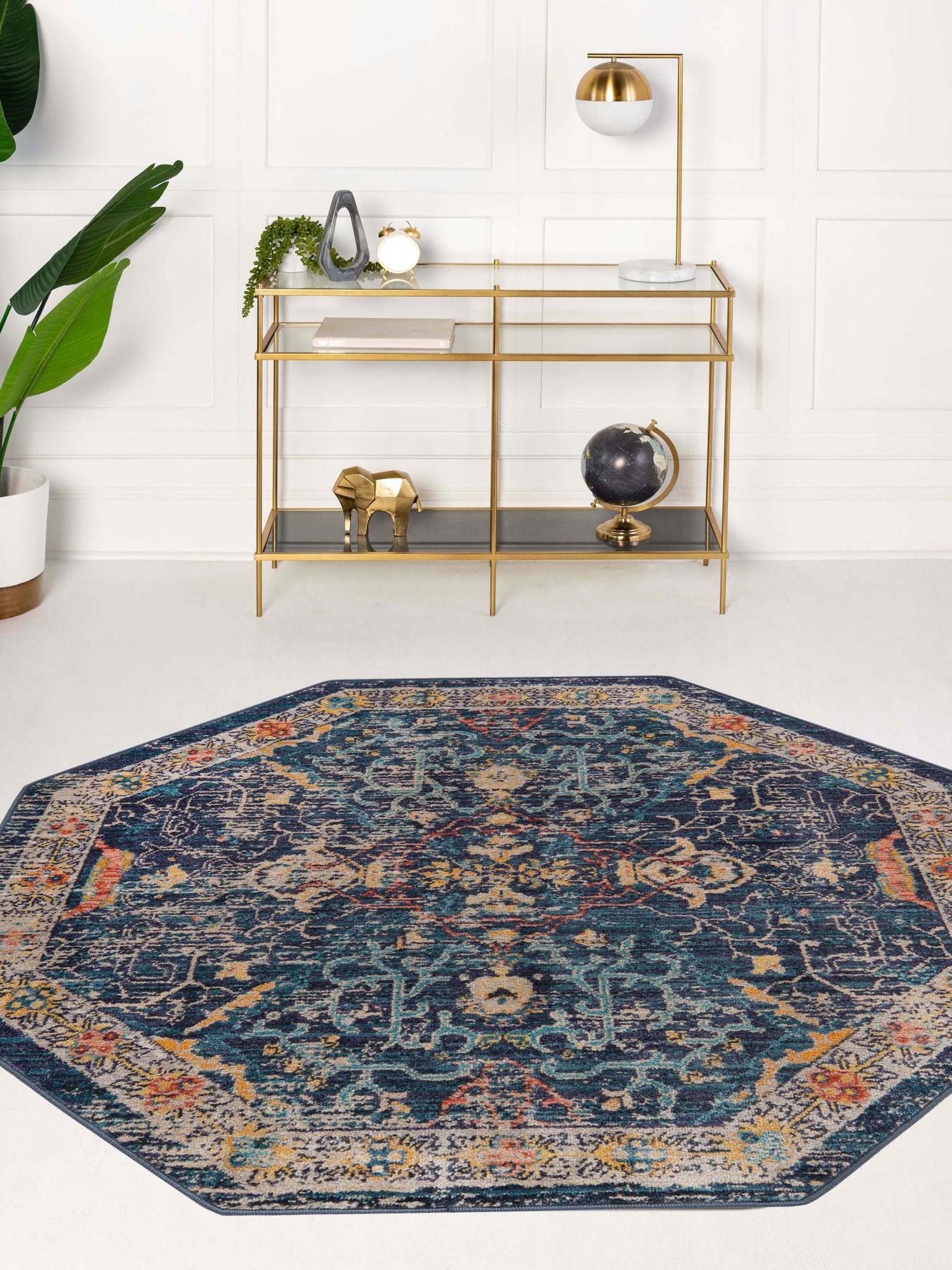 Navy Blue 5' x 5' Lola Octagon Area Rug Polypropylene With Jute Backing Traditional Pattern Easy Clean Carpet for Home Interior Design for Sale at Rug Engine