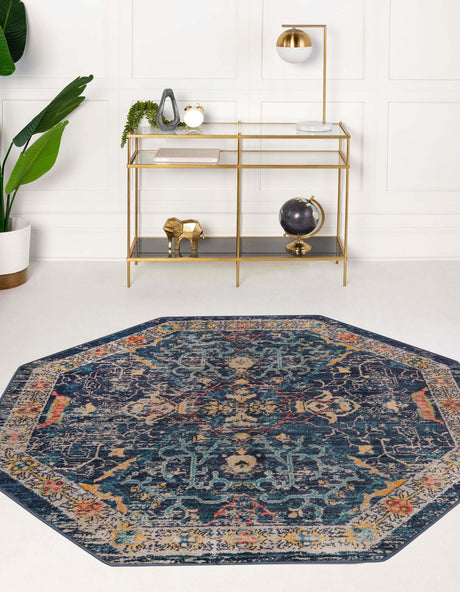 Navy Blue 5' x 5' Lola Octagon Area Rug Polypropylene With Jute Backing Traditional Pattern Easy Clean Carpet for Home Interior Design for Sale at Rug Engine