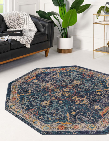 Navy Blue 5' x 5' Lola Octagon Area Rug Polypropylene With Jute Backing Traditional Pattern Easy Clean Carpet for Home Interior Design for Sale at Rug Engine