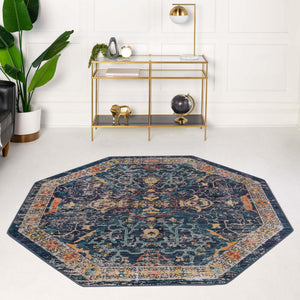 Navy Blue 3' 11 x 3' 11 Lola Octagon Area Rug Polypropylene With Jute Backing Traditional Pattern Easy Clean Carpet for Home Interior Design for Sale at Rug Engine