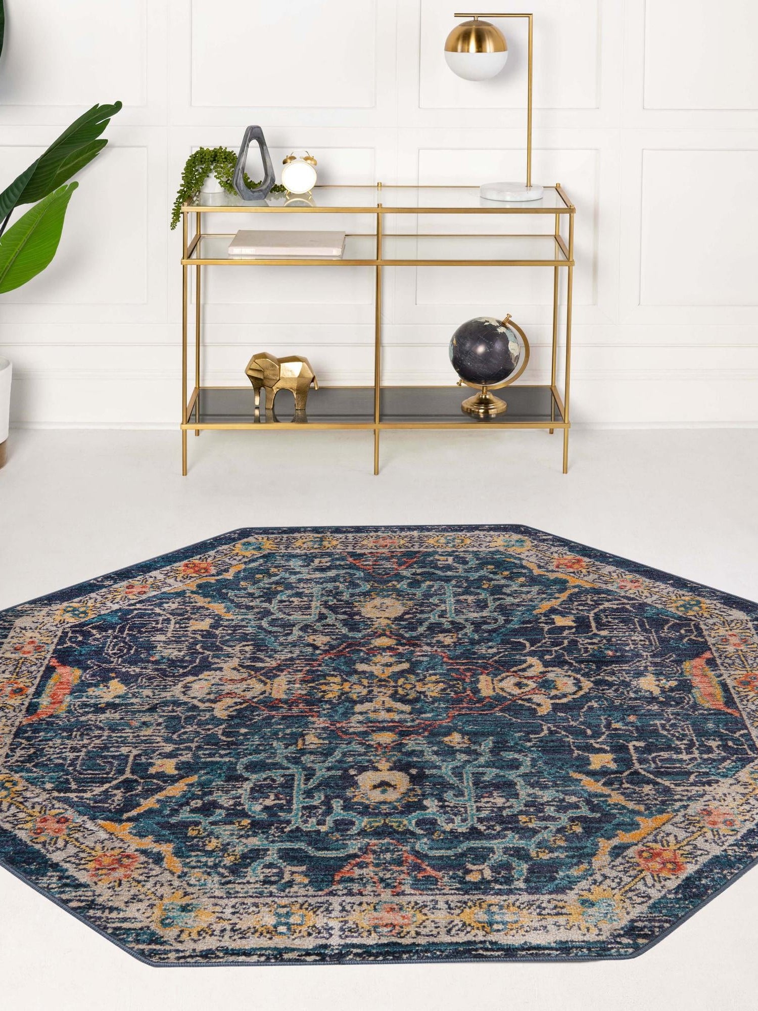 Navy Blue 5' x 5' Lola Octagon Area Rug Polypropylene With Jute Backing Traditional Pattern Easy Clean Carpet for Home Interior Design for Sale at Rug Engine
