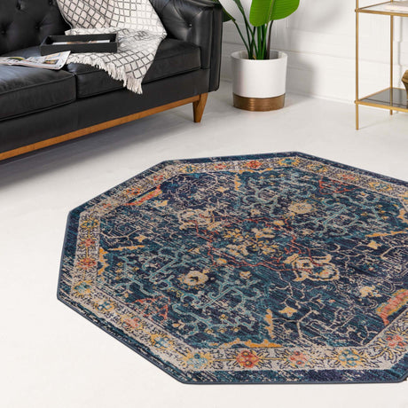 Navy Blue 7' 10 x 7' 10 Lola Octagon Area Rug Polypropylene With Jute Backing Traditional Pattern Easy Clean Carpet for Home Interior Design for Sale at Rug Engine