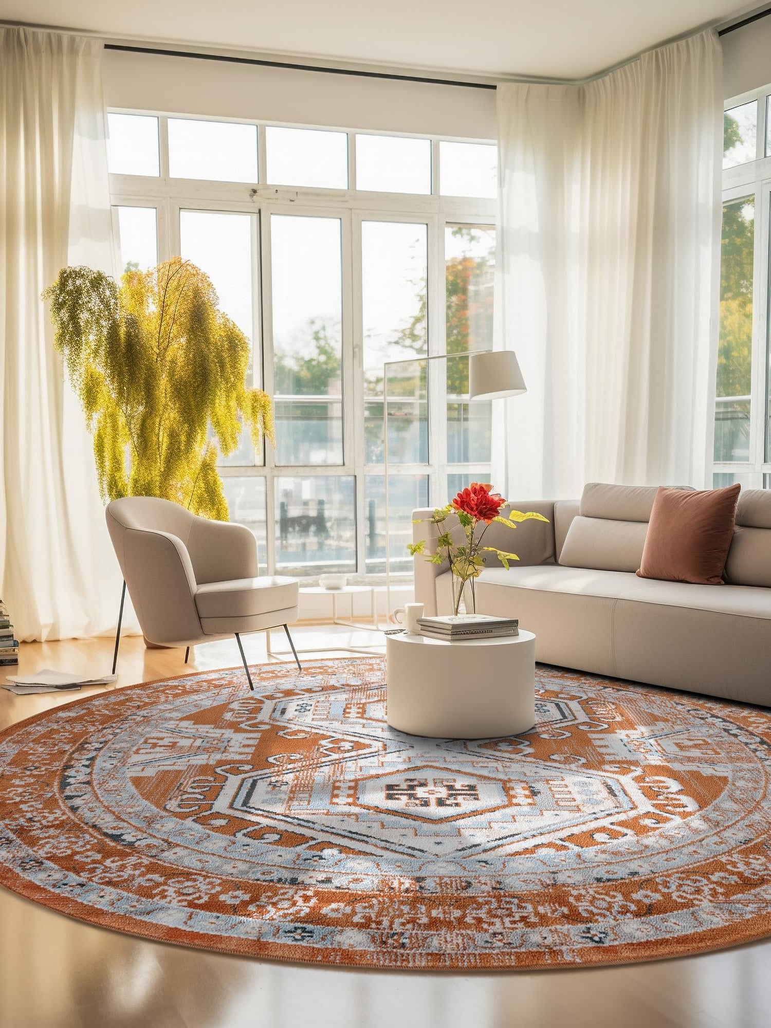 Terracotta 12' x 12' Charlotte Round Area Rug 100% Polypropylene With Jute Backing Traditional Classical Durable Carpet for Living Dining Office Rooms for Sale at Rug Engine