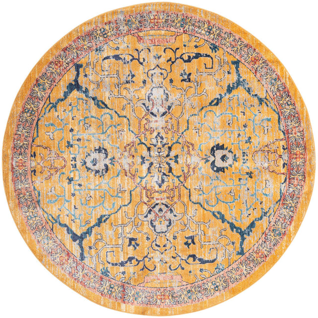 Yellow 7' x 7' Lola Round Area Rug Polypropylene With Jute Backing Traditional Pattern Easy Clean Carpet for Home Interior Design for Sale at Rug Engine