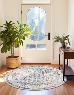 Gray Blue 3' 1 x 3' 1 Charlotte Round Area Rug 100% Polypropylene With Jute Backing Traditional Classical Durable Carpet for Living Dining Office Rooms for Sale at Rug Engine