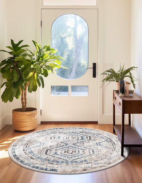 Gray Blue 3' 1 x 3' 1 Charlotte Round Area Rug 100% Polypropylene With Jute Backing Traditional Classical Durable Carpet for Living Dining Office Rooms for Sale at Rug Engine