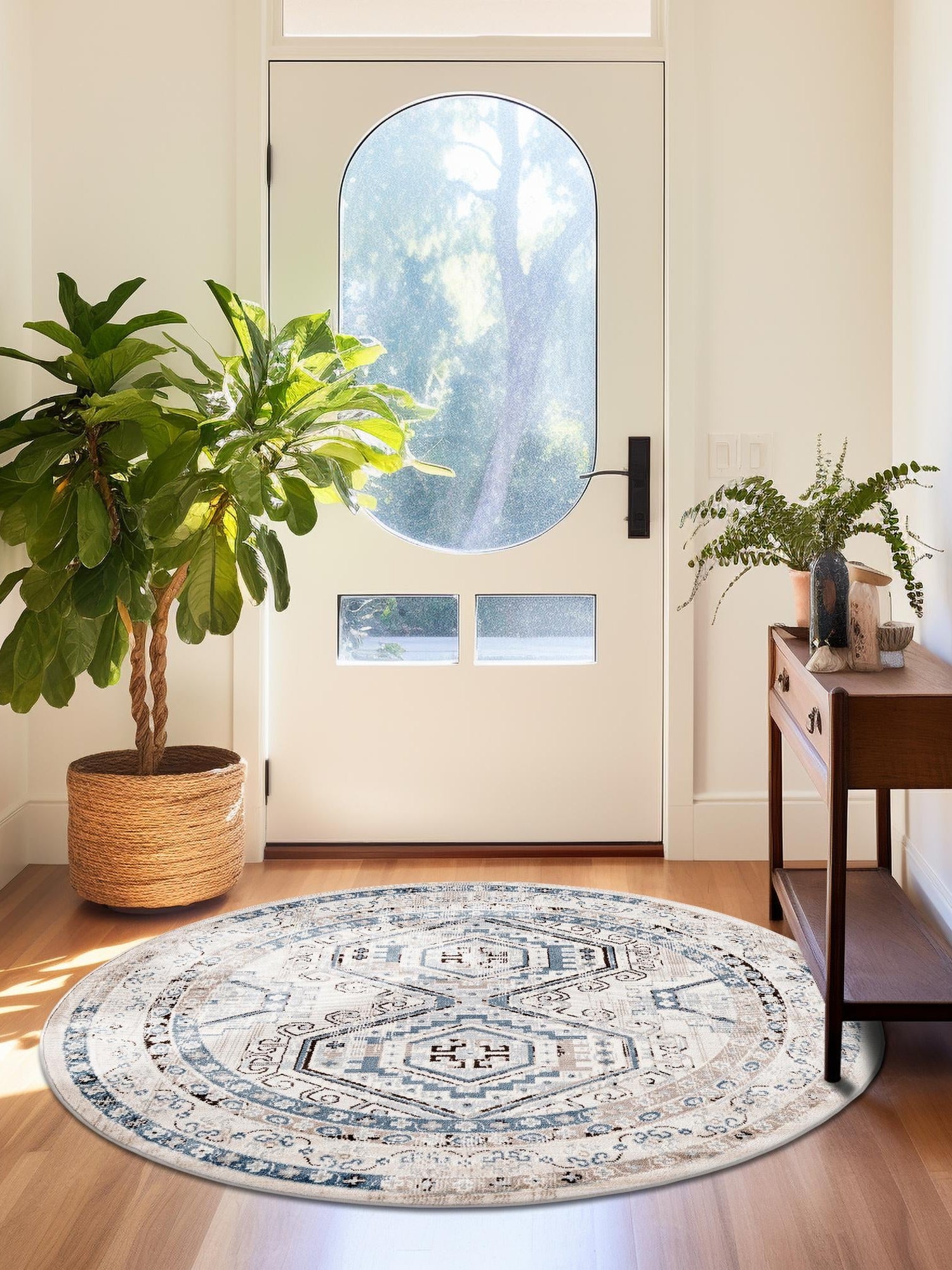 Gray Blue 5' 3 x 5' 3 Charlotte Round Area Rug 100% Polypropylene With Jute Backing Traditional Classical Durable Carpet for Living Dining Office Rooms for Sale at Rug Engine