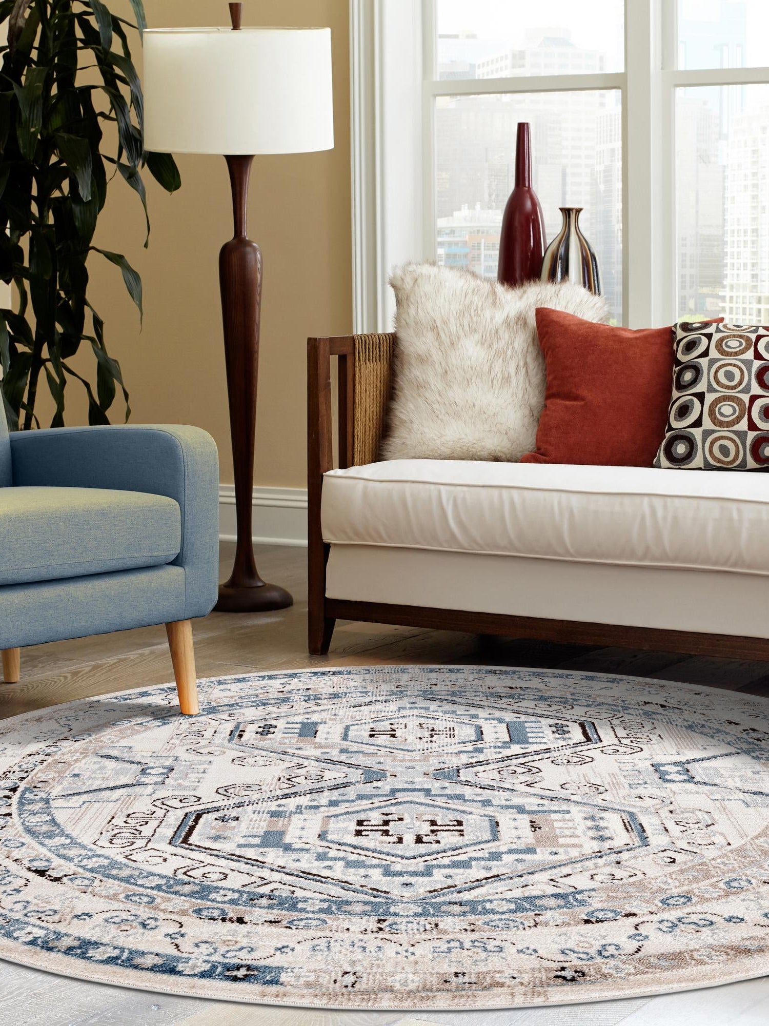 Gray Blue 7' 10 x 7' 10 Charlotte Round Area Rug 100% Polypropylene With Jute Backing Traditional Classical Durable Carpet for Living Dining Office Rooms for Sale at Rug Engine